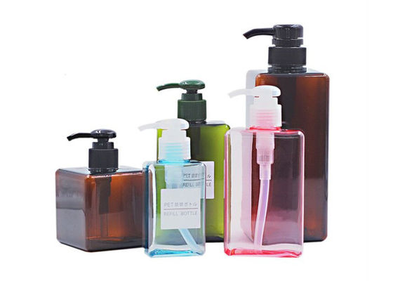Clear Brown and Green 250 450 650ml Empty PET Packaging square Plastic Shampoo Bottle for Liquid and Lotion