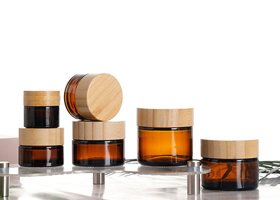 10g 30g 50g 100g Cosmetic Bamboo Lid Glass Jars 50g Face Cream Amber Glass Jar with Bamboo Lid