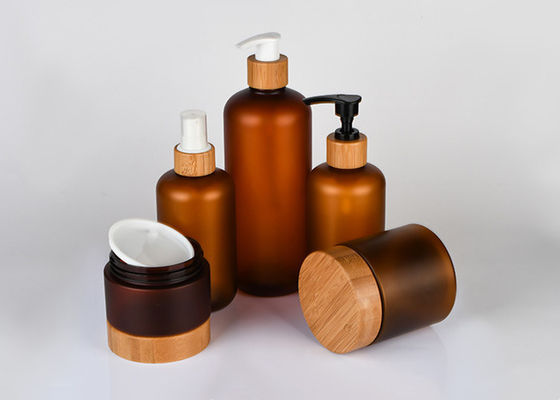 Bamboo Lid Empty Facial Cream Pump Lotion Jars Containers Cosmetic Packing Set Amber PET Plastic Bottle
