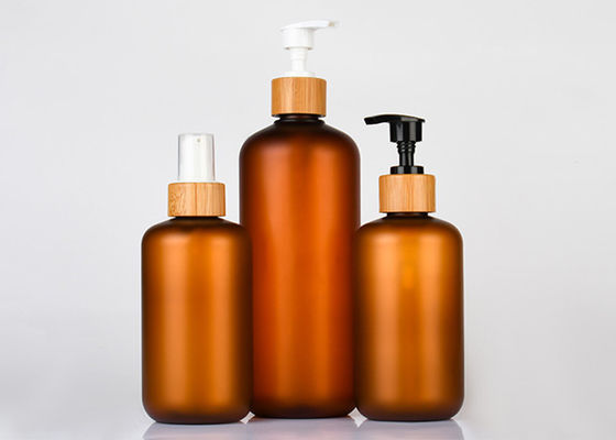 Bamboo Lid Empty Facial Cream Pump Lotion Jars Containers Cosmetic Packing Set Amber PET Plastic Bottle