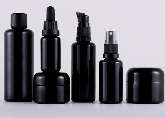 Black Skin Care Packaging Cream Bottle Glass Skincare Packaging Cream Cosmetic Glass Jar and Lotion Bottle Set